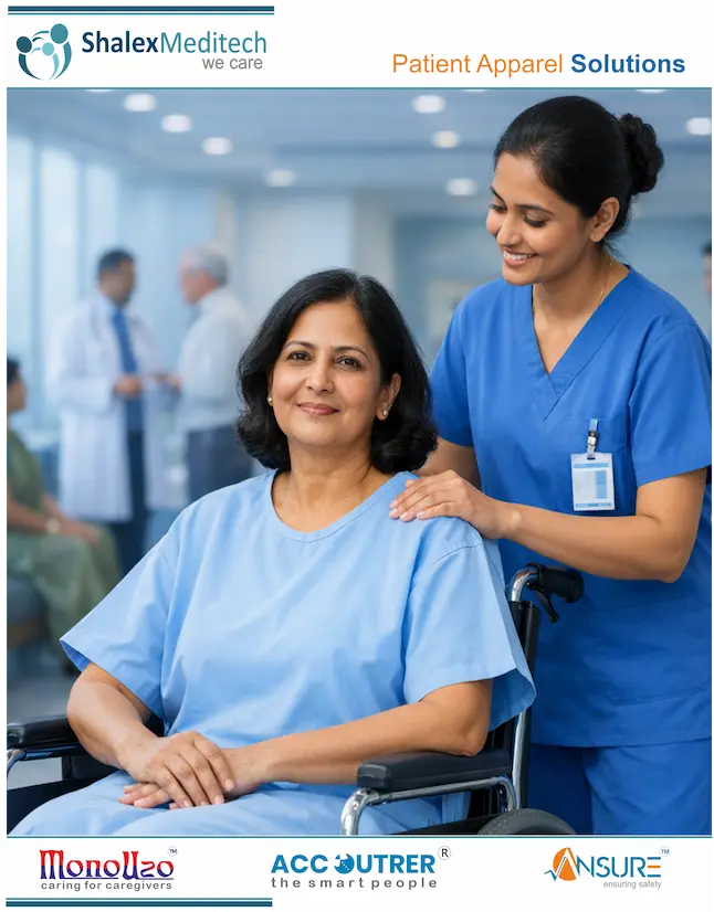 Click to view full Shalex Meditech Patient Apparel Catalog — Styles PG001 to PKG004 Shalex Meditech Accoutrer and Ansure patient apparel digital catalog front page preview showcasing modern hospital gowns and patient uniform sets designed for dignity.